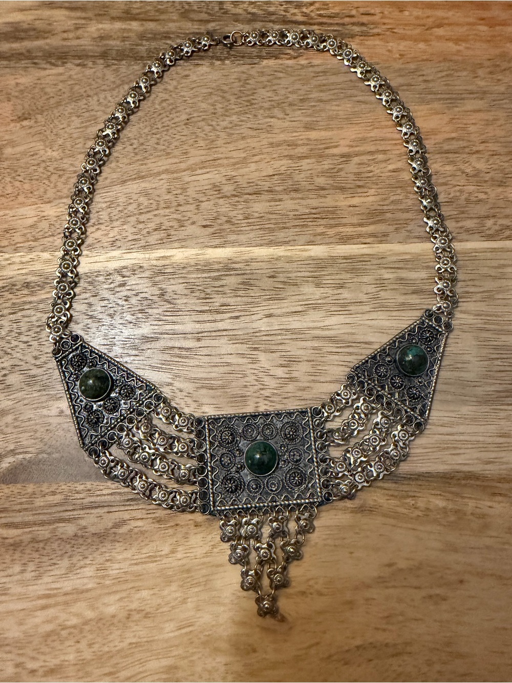 Vintage Sterling Silver Green stone necklace- Israel